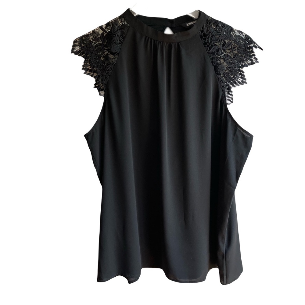Express Black Lace Ruffled Sleeve Blouse Size XL Lightweight Cutout Back Top